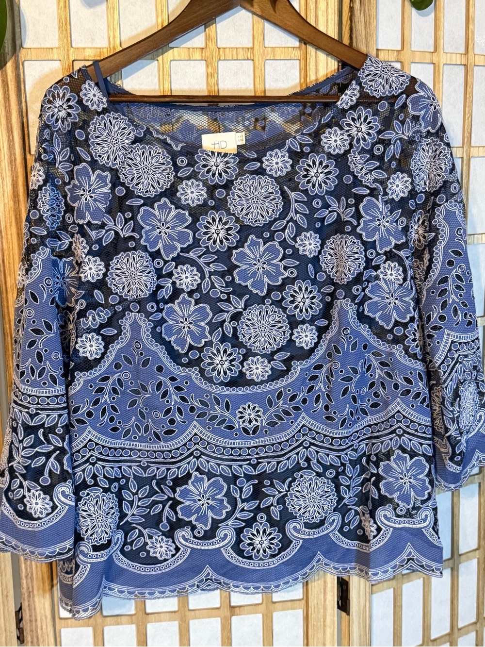 Anthropologie HD in Paris Blue Floral Lace-Overlay Blouse